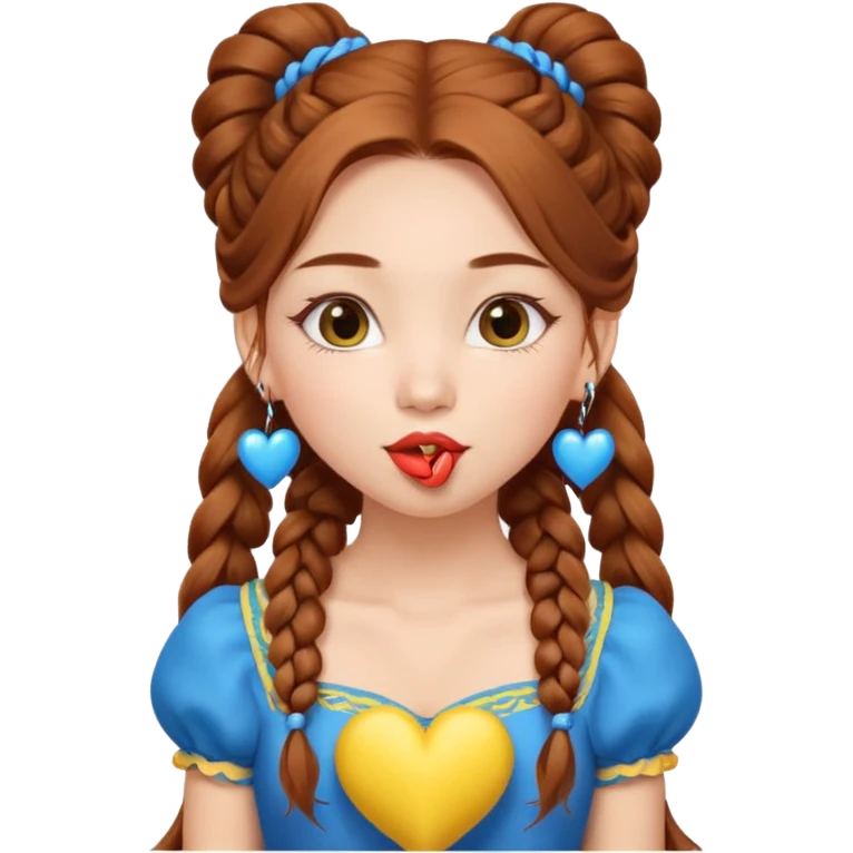 A cute ukrainian girl, looks slightly mongolian with full lips, with long auburn hair two side ponytails plaited, has heart earrings in the ukrainian yellow and blue, and is wearing her little black dress, she is blowing a kiss. emoji