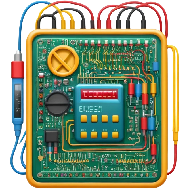 An icon featuring circuit boards, glowing wires, and a multimeter, symbolizing electrical engineering. The design includes voltage symbols and electric currents flowing through components, representing the study and application of electricity. Transparent background emoji
