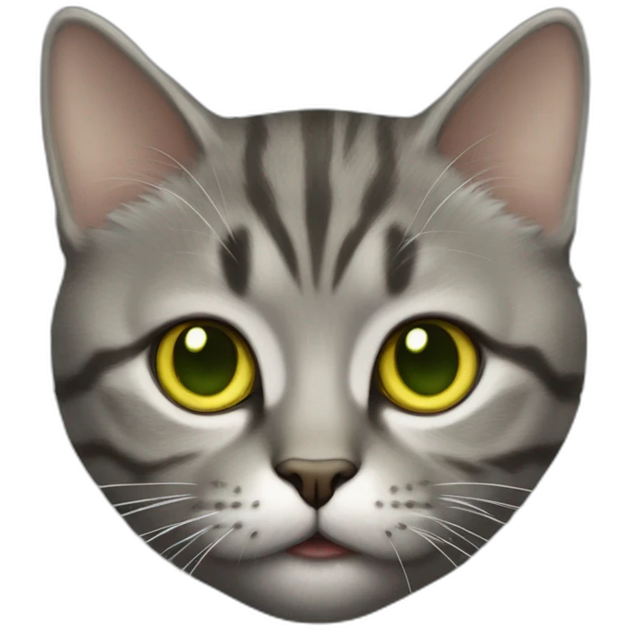 american short hair cat- tabby- a little bit fat- green yellow eyes- the distances between eyes is a little bit far- gray hair fluffy emoji
