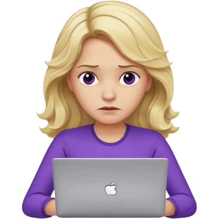 lady with long blonde wavy hair, purple top throwing her with a laptop looking defeated emoji