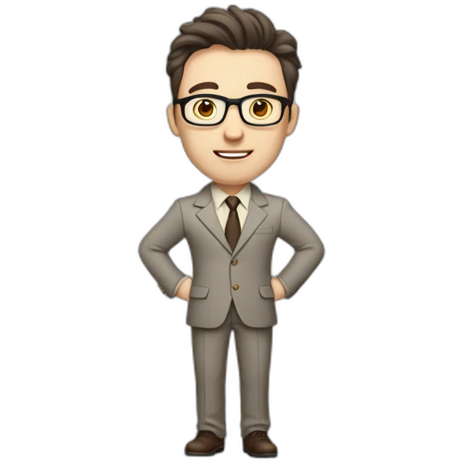 Full height Actively Gesturing Pale skinned fit man with dark brown hair in gray jacket, beige office shirt, brown tie, brown pants and vintage glasses. emoji