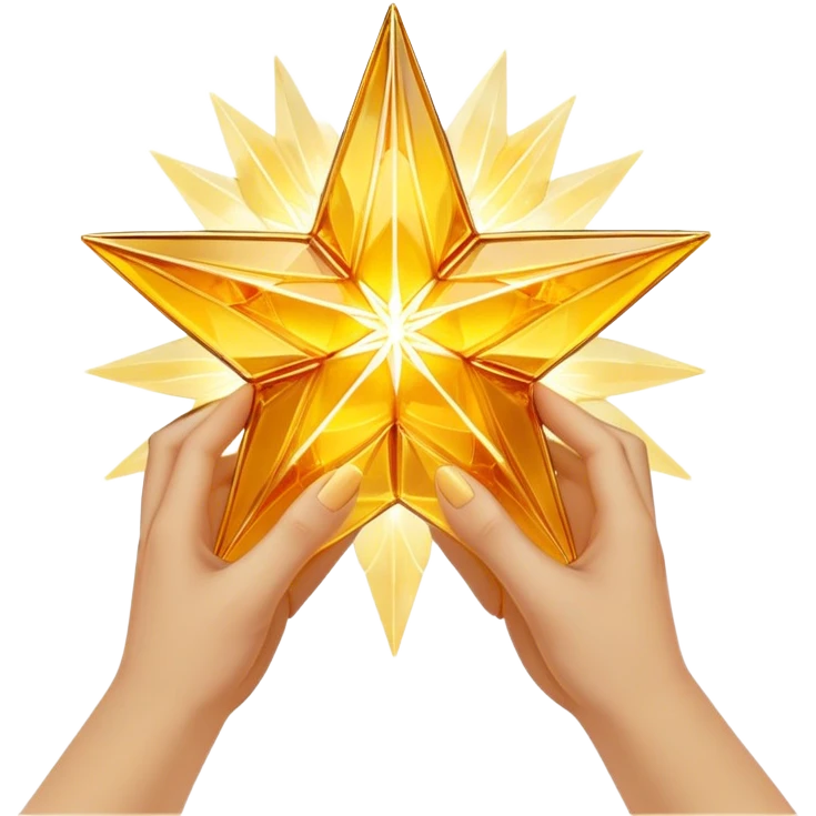 A radiant yellow dream star emerges, carefully being built by hands connecting delicate strands of golden thread and translucent panels of glowing amber glass incomplete emoji