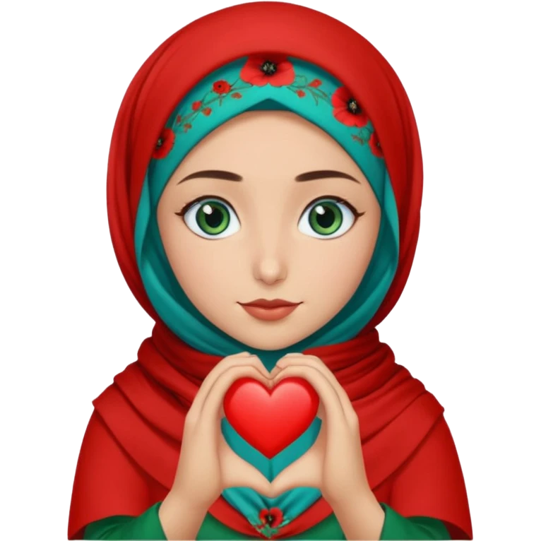 Turkish beautiful finish Konya girl blue eyes with poppy floral hijab and green red dress and she make heart with hands emoji