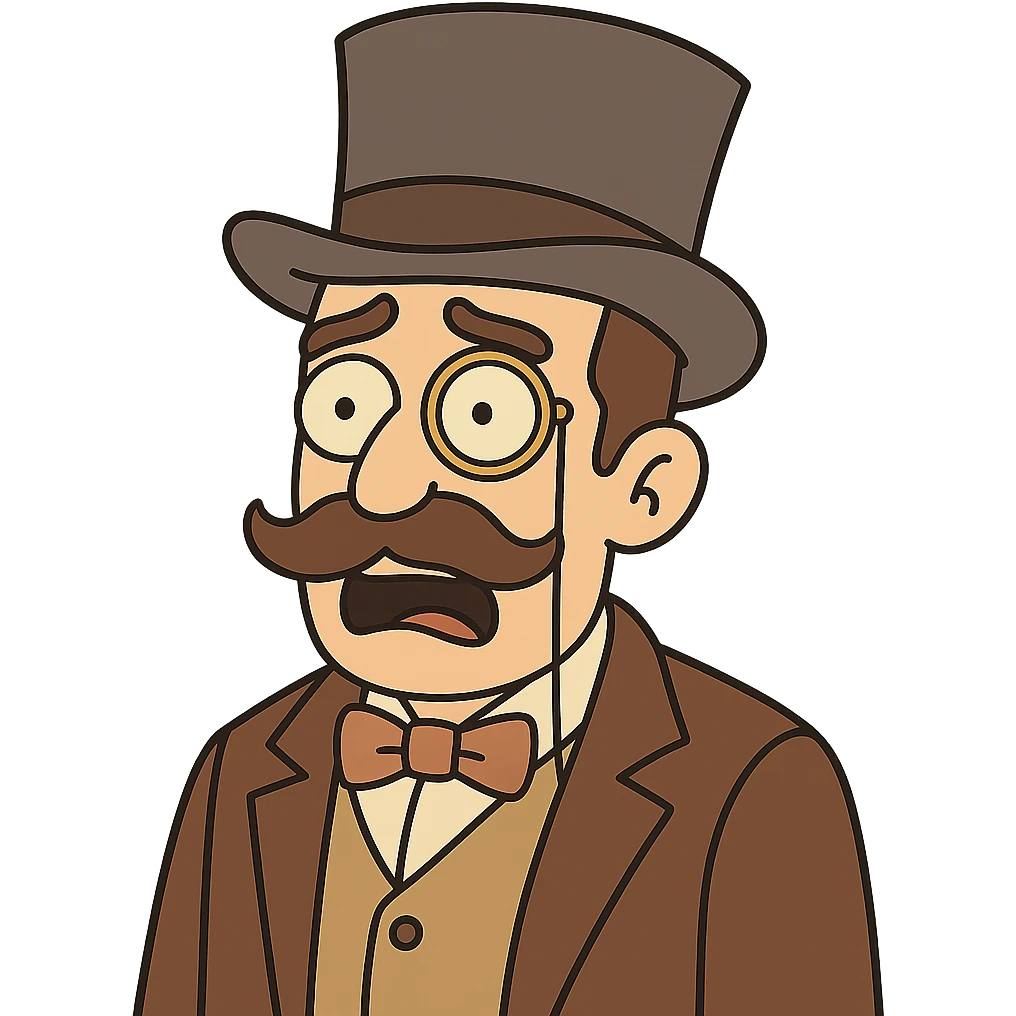 Make the man with mustache, top hat, and monocle look shocked, in flat toon style, with no background. emoji