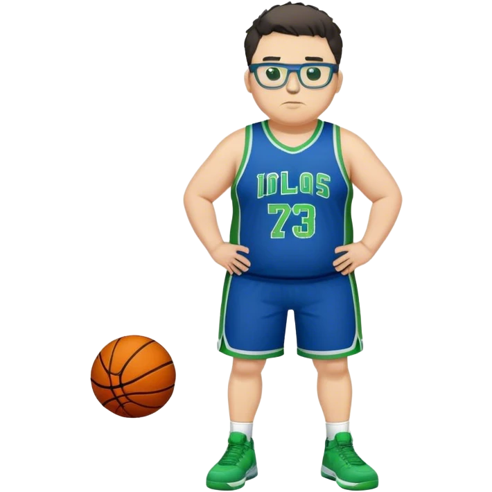 Full Body overweight white male with dark short spike hair basketball player wearing glasses wearing blue green uniform emoji