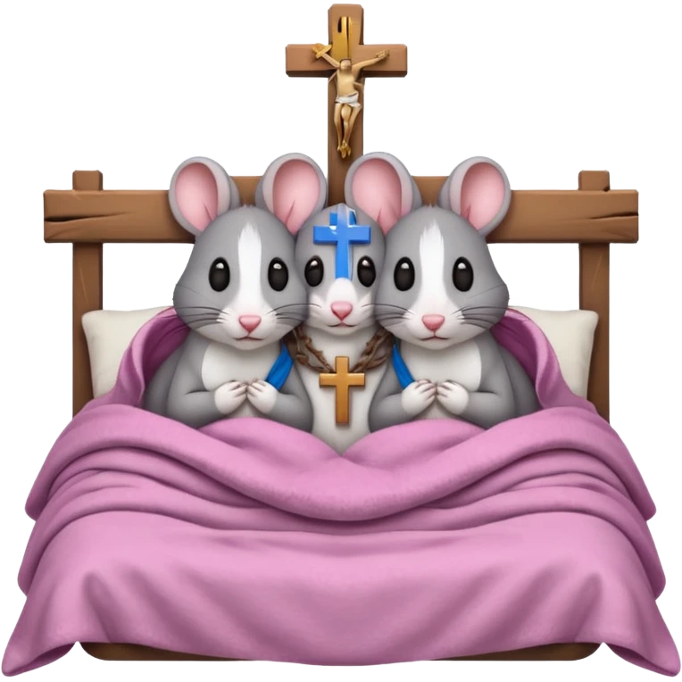 2 rats cuddled together in bed with a crucifix emoji