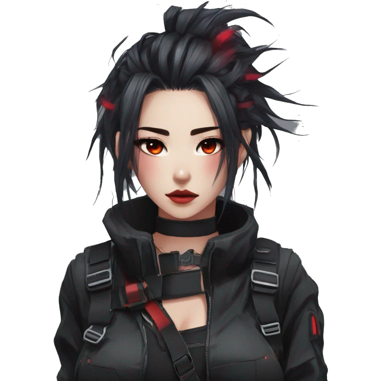 Gorgeous techwear anime style lady with blushing face aesthetic and pretty edgy black red punk messy hair with collar and harness trending style emoji