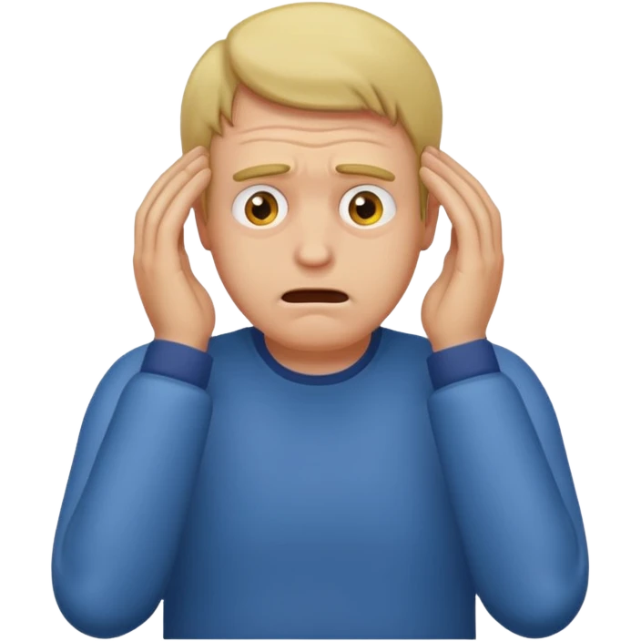A white man sits at his desk, clutching his head in his hands. emoji