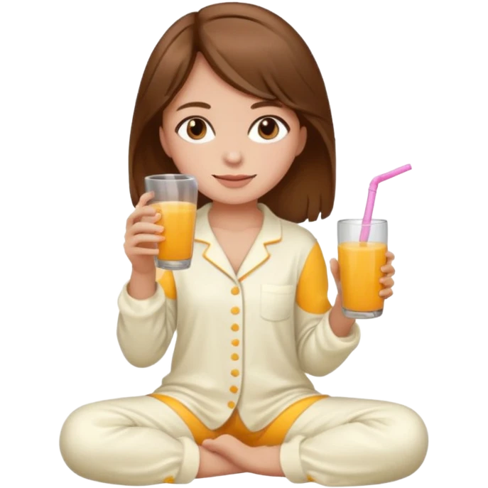 Menina de cabelos castanhos de corpo inteiro, pijama marfim tomando suco  emoji