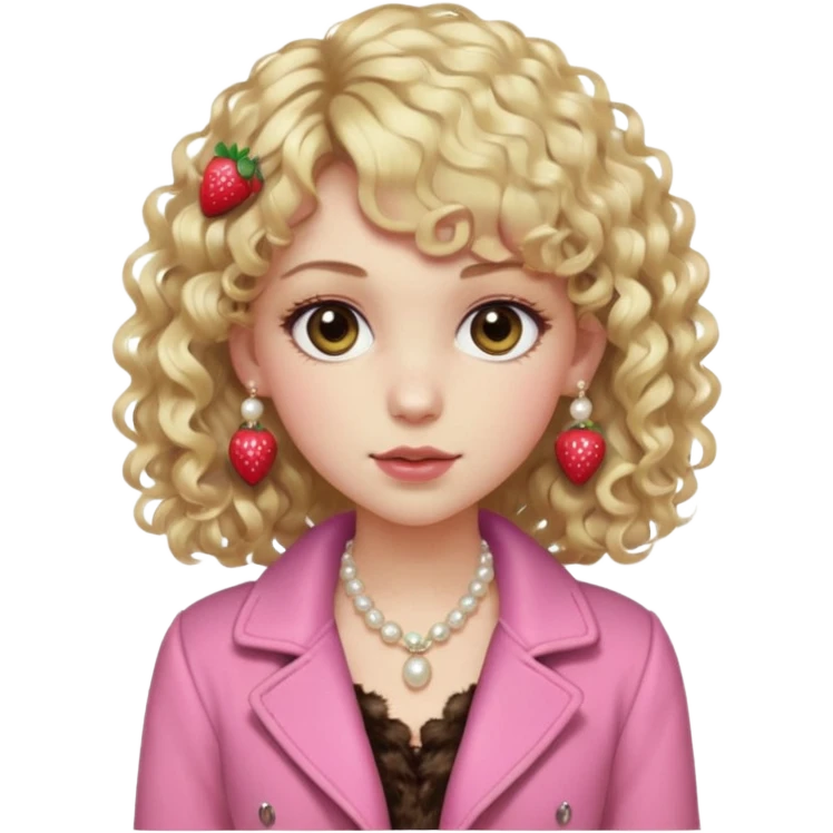 pale girl , who has curly medium length blonde and curly bangs, narrowed hazel eyes , slightly dark but shiny brown shadow, in a dark brown jacket with fur on the shoulders , wearing a pink laced camisole, wearing pearl earrings, wearing a strawberry hairclip emoji
