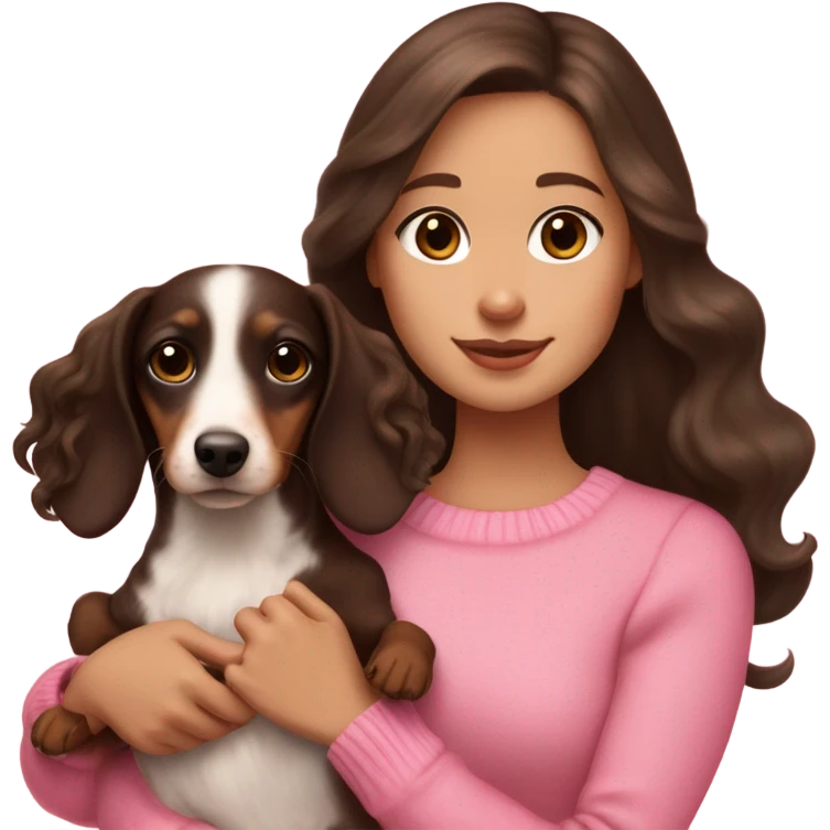  white girl with dark brown long wavy hair in a pink sweater holds a dark brown and cream dachshund long-haired puppy in her arms emoji