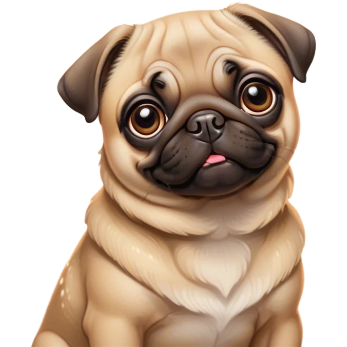 Cinematic Cute Fawn Pug Portrait Emoji, Head tilted playfully and inquisitively, featuring a smooth fawn coat with a subtle sheen, round, sparkling dark eyes filled with curiosity, Simplified yet irresistibly adorable features, highly detailed, glowing with a warm, friendly glow, high shine, affectionate and lively, stylized with a touch of whimsy, bright and endearing, soft glowing outline, capturing the essence of a mischievous yet loving pup, so playful it feels like it could bounce out of the screen and into your arms! emoji