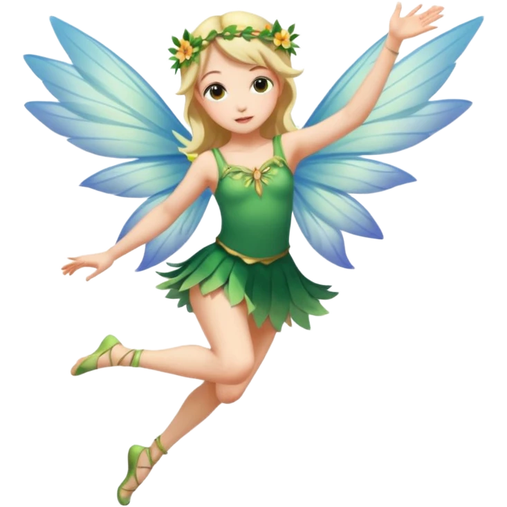 A winged flower fairy girl, wearing a short skirt, one leg straight and the other bent, her body tilted, in a flying pose. emoji