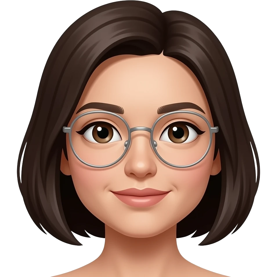 Light brown coloured skin a small nose delicate cheeks dark doe eyes and soft lips dark short shoulder length hair and round silver thin frame glasses emoji