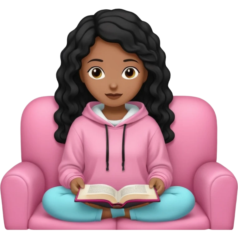 Una chica linda de cabello negro con ondas hasta los hombros de piel blanca con una sudadera rosa en un sofá cómodo y hermoso leyendo la biblia emoji