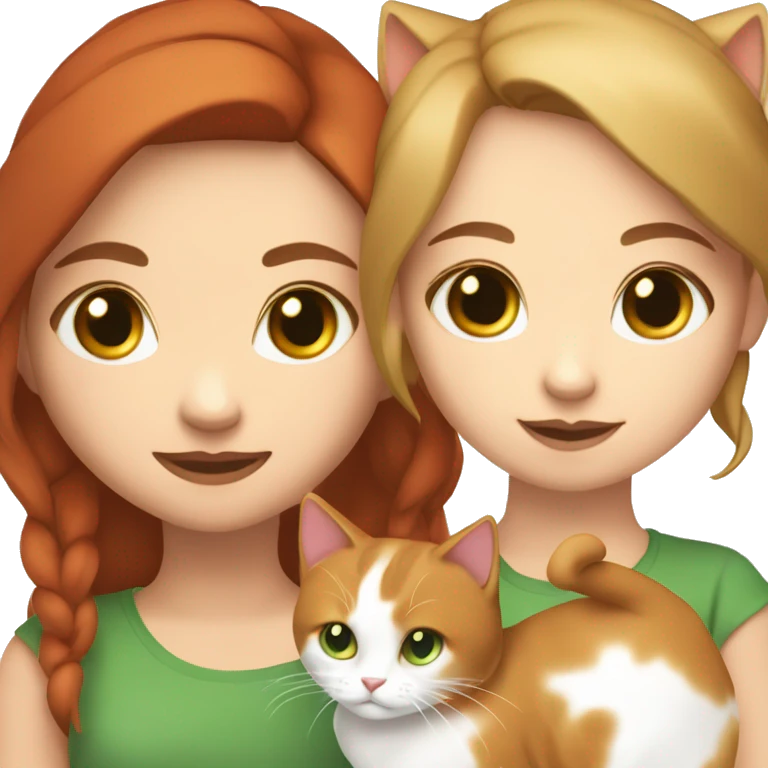 girl with green eyes and light brown hair with red tint holding a calico cat with white face emoji
