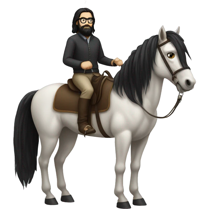 White guy with long black hair and black beard and glasses riding a horse emoji