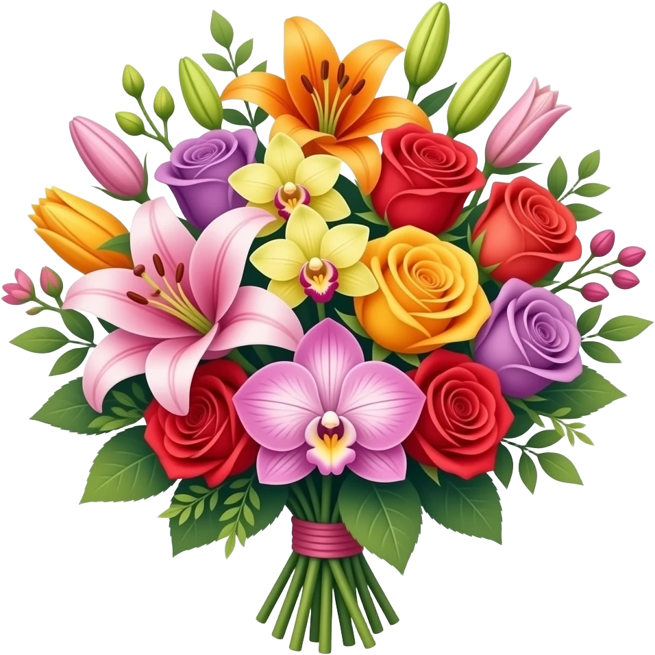 Different color Bouquet of lilies with orchids and roses emoji