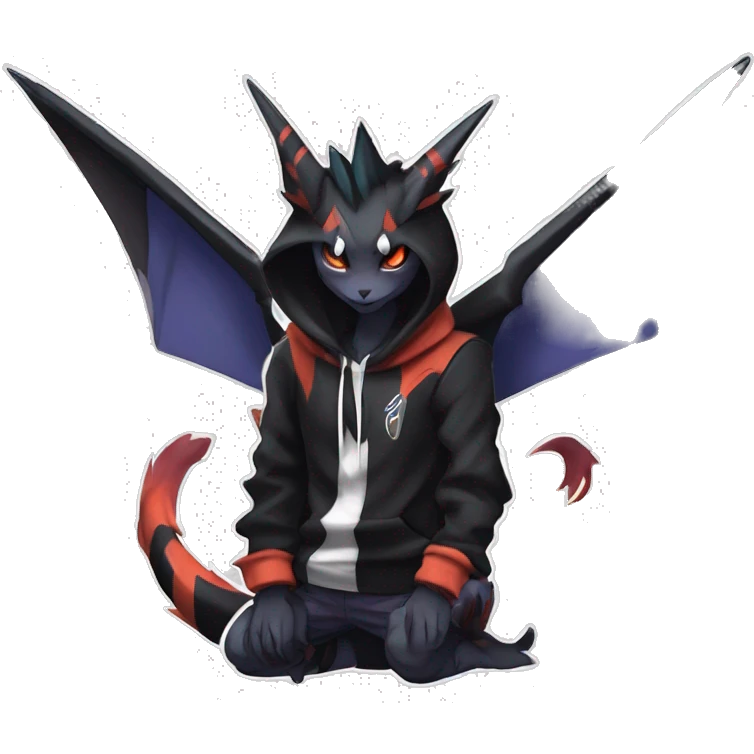 Cool Anthro Black Noivern-Absol-Litten-Pokémon with edgy stripes hoodie spiked collar punk Full Body emoji