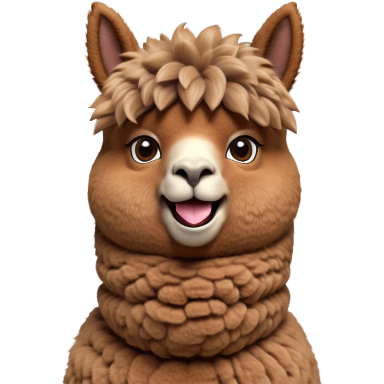 Cinematic Comical Brown Alpaca Portrait Emoji, Head tilted dramatically with an exaggeratedly amused expression, featuring a striking, plush brown fleece with playful texture, wide, expressive warm eyes filled with playful disbelief, Simplified yet hilariously expressive features, highly detailed, glowing with a slightly sassy glow, high shine, dramatic yet playful, stylized with an air of cheeky mischief, bright and endearing, soft glowing outline, capturing the essence of a spirited and over-the-top alpaca, so meme-worthy it feels like it could side-eye its way into internet fame instantly! emoji
