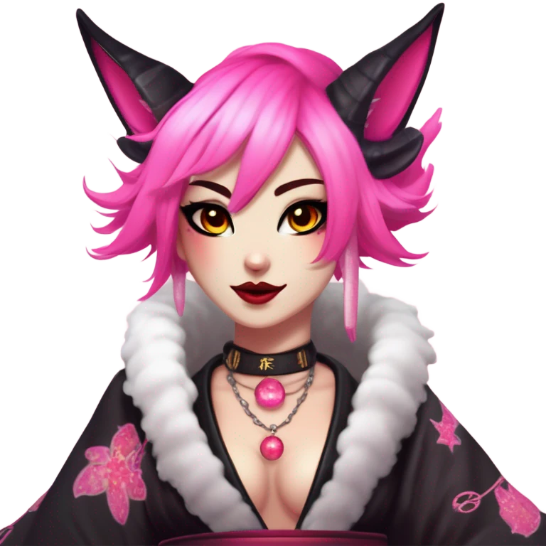 Full body female, succubus kitsune, neon pink eyes, vibrant pink hair, alabaster skin, fluffy black tails, pink tail tips, spiked choker, unique heritage, seductive charm, rebellious spirit, traditional kimonos, spiked anklets, and Barefoot 
 emoji
