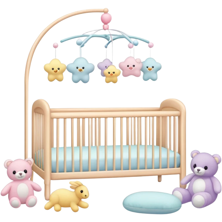 pastel baby nursery items including crib, mobile, and plush toys emoji