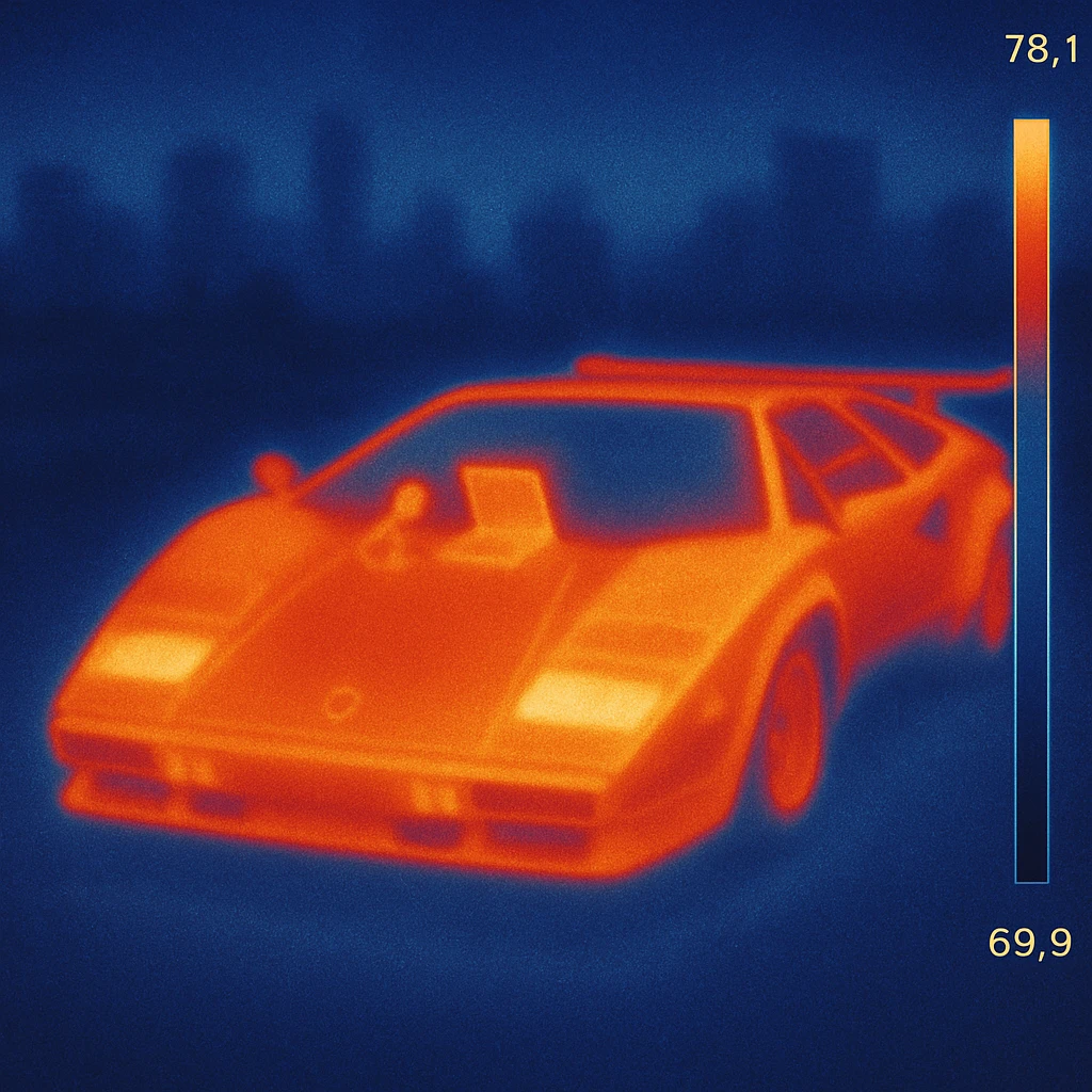 Lamborghini Countach with a laptop and a microphone for recording on the hood in a city background emoji