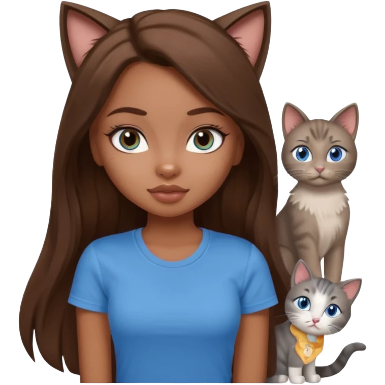 a pretty bratz dusky girl with long brown hair, blue eyes with six cats nd wearing a grey tshirt emoji