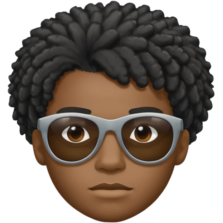 Un garçon,de couleur noir avec des lunettes de soleil grise,il a des cheveux crépus et au dessus de sa tete il est écrit BOUSS  sans qu’on voit ses yeux emoji
