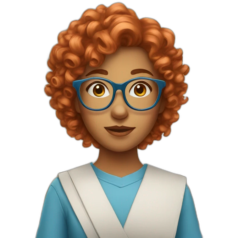 pretty girl with curly copper hair and blue glasses holding a big banner emoji