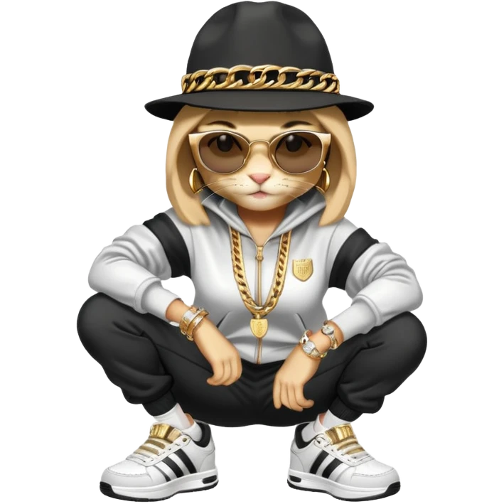female cat wearing Run DMC hip-hop outfit with tracksuit, fedora, Adidas sneakers, dark sunglasses, many gold chains, rings, bracelets, flashy earrings, fallen down emoji