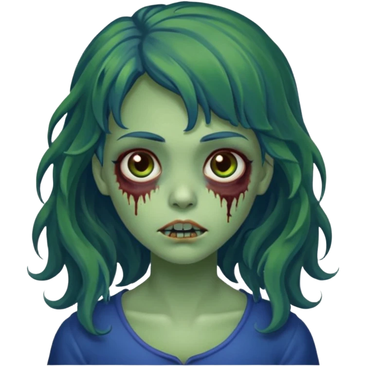 faça uma menina zumbi verde bonita com um cabelo ondulado, olhos castanhos-avermelhados e que metade da franja seja azul escuro e o a outra metade e resto do cabelo sejam castanho escuros emoji