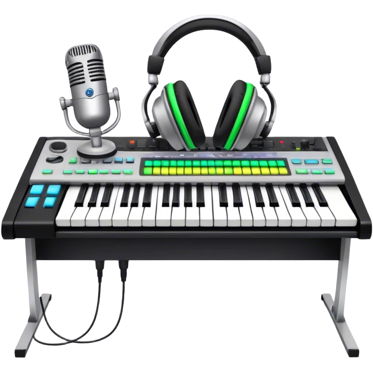Create a professional and artistic emoji that represents writing music tracks. The design should feature a digital audio workstation (DAW) screen with visible waveforms, a MIDI keyboard, and a high-quality microphone to symbolize the tools used in music production. Add elements like studio headphones and an audio interface to reflect the technical aspects of creating a track. Use sleek, modern colors like silver, black, and neon accents to convey the professional environment of music composition. The background should be transparent. emoji