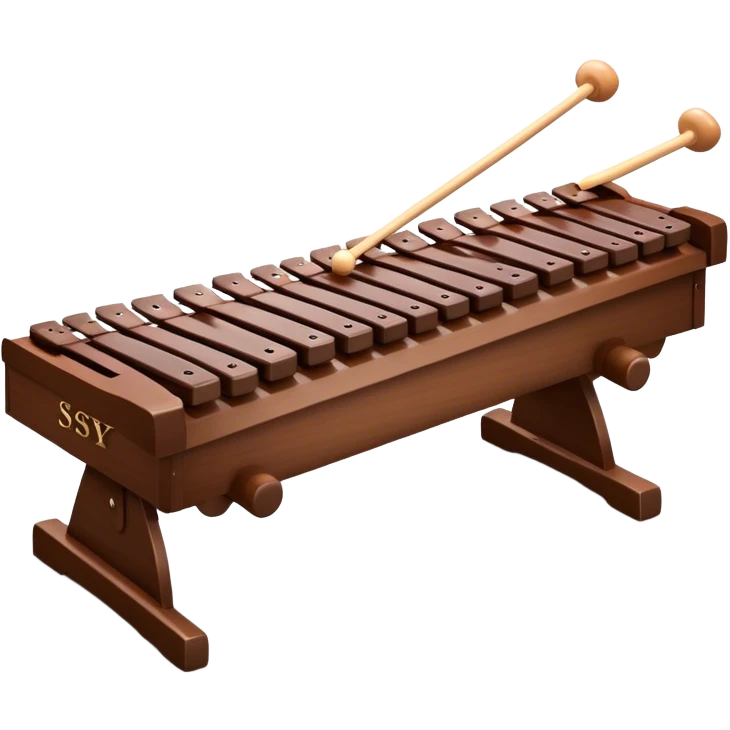 Create a detailed and professional emoji representing a Fleet FLT-SX37 orchestral long wooden xylophone. The design should showcase the large, wooden bars of the xylophone arranged in a traditional layout, with a polished, smooth finish. The bars should be dark brown or mahogany, with soft metallic reflections on the resonators underneath. Include two mallets with rubber or wooden heads resting on the bars, emphasizing their role in striking the notes. The xylophone should have a sophisticated and professional appearance, with clean lines and a polished look. Add subtle musical notes or sound waves to represent the vibrant sound produced by the instrument. The background should be transparent. emoji