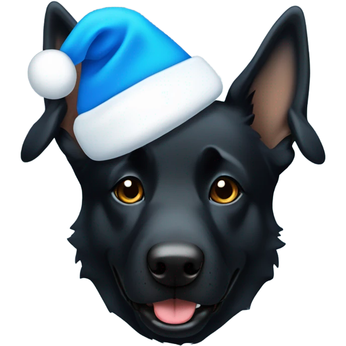 All black German shepherd with blue Santa hat emoji