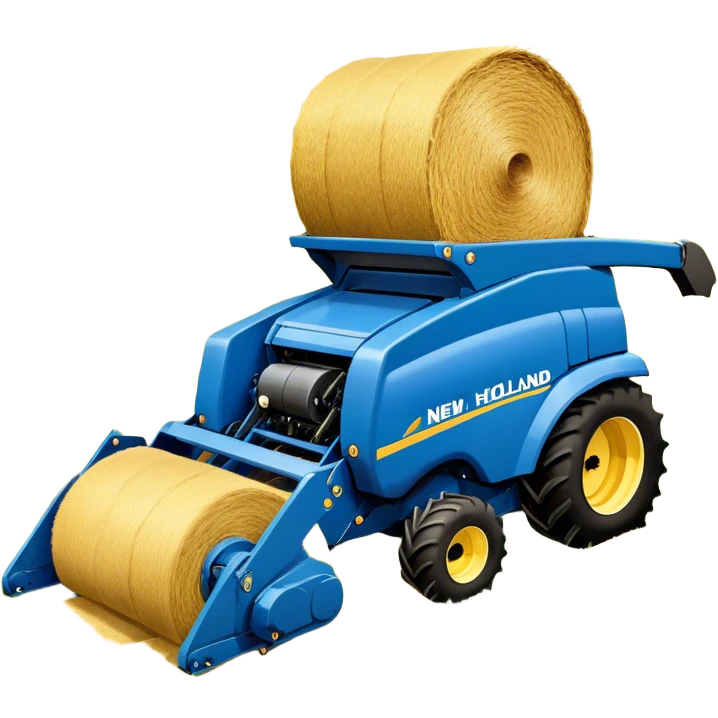 New Holland Roll-Belt 560 (2018) – Cinematic-realistic New Holland Roll-Belt 560 baler, its blue body steadily compressing golden hay into tight, round bales. The rhythmic motion of the machine continues as dust swirls in the afternoon heat, with rows of freshly cut grass stretching toward the horizon. emoji