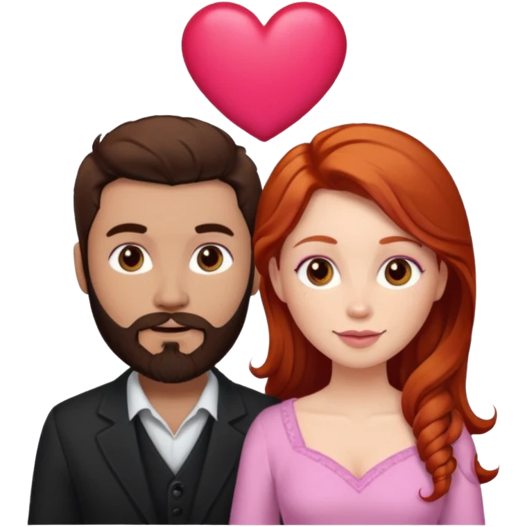 👩🏼‍❤️‍👨🏽 Something like this, but make the guy more lighter and give the girl a bit more red hair like ginger style make the guy have dark brown hair, same with the beard and add her in the middle top don’t forget the pink heart in the middle above us emoji