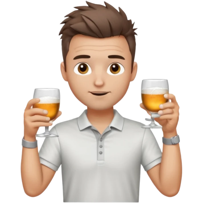 Handsome male.short messy brown hair.mowhawk hairstyle. wearing white golf shirt.grey shorts. Cheersing with a small glass. Wedding ring emoji