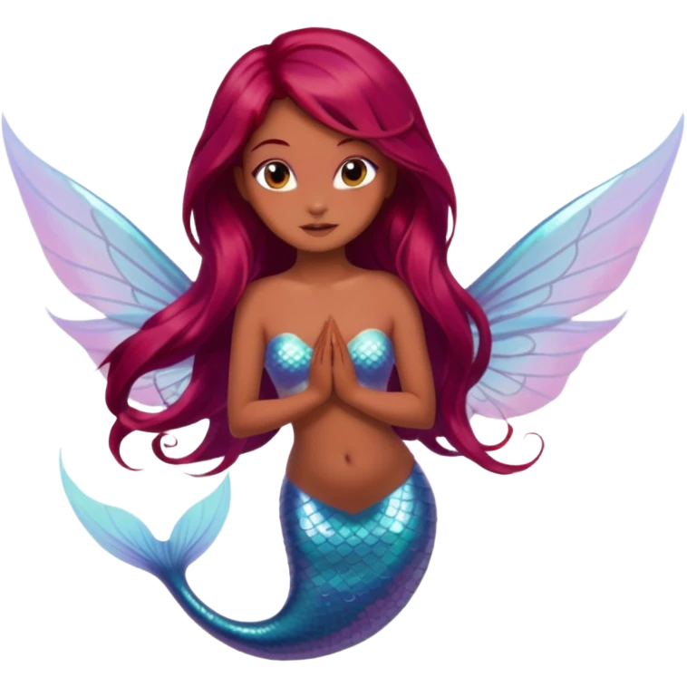 mermaid fairy hybrid with long flowy dyed red burgundy hair, medium brown skin tone, wings visible emoji