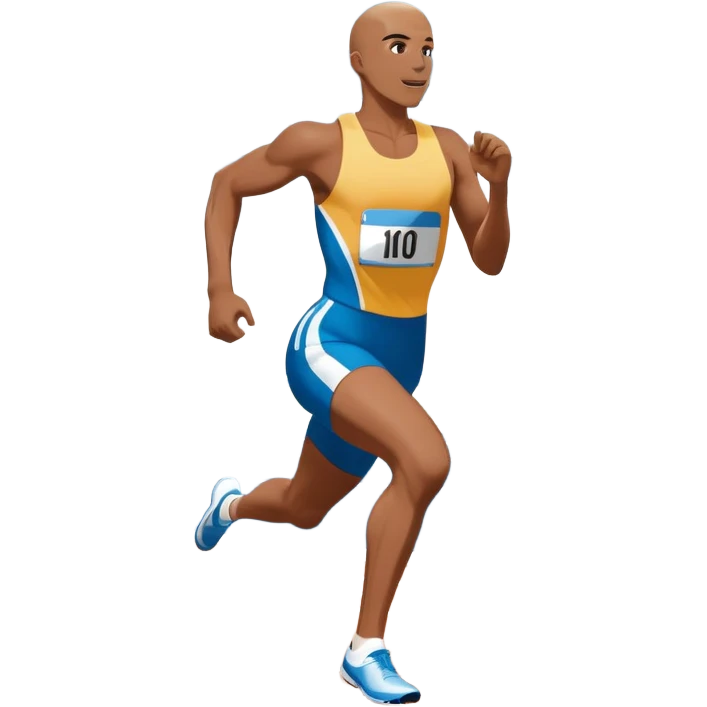 An icon symbolizing professional running: a dynamic sprinting athlete in motion on a track, leaving motion lines behind. The background features a large stadium with cheering crowds, a digital timer, and a clear blue sky. Transparent background emphasizes speed, endurance, and competition. emoji