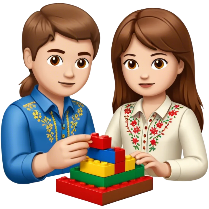 a Ukrainian girl with brown hair in an embroidered shirt and a Ukrainian boy in an embroidered shirt and Lego bricks emoji