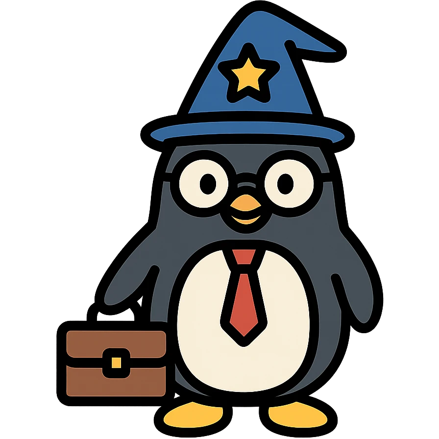 penguin dressed as a wizard, holding a briefcase and wearing glasses, confident business-like expression, modern clean icon style for venture capitalist brand emoji