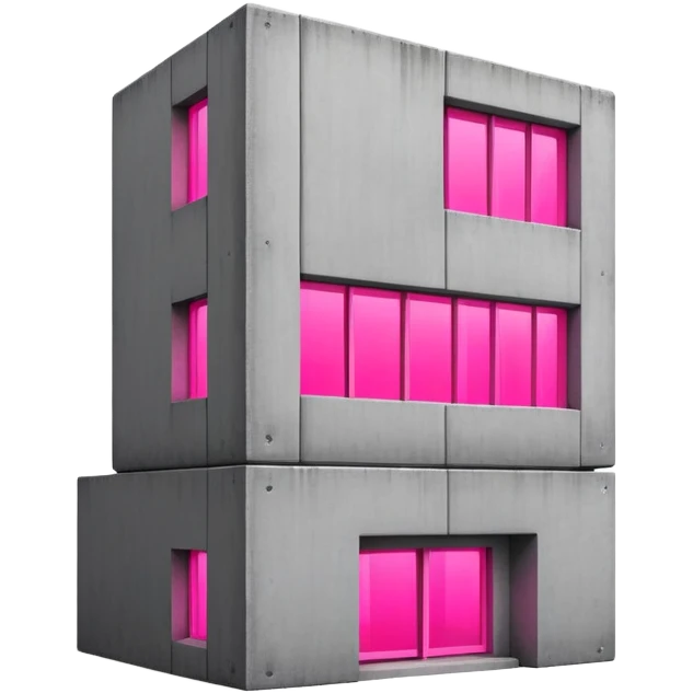 Brutalist gray concrete block building with one neon pink window emoji