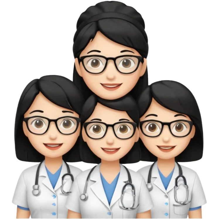 Genera emogis de 4 cuatro enfermeras de cabello negro largo, una de ellas con lentes emoji