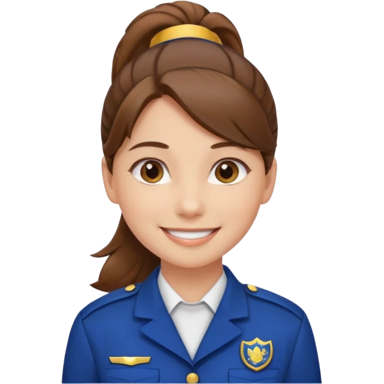 Young Female: ponytail brown haiir, wearing uniform, white skin, smile emoji