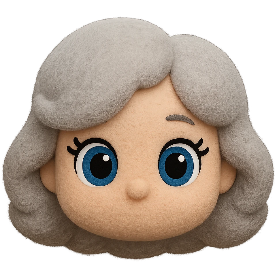 Make the hair slightly more voluminous and add cartoon-style eyes, keep soft fleece texture, pure silver grey hair, 1940s bob, cute plush-style eyelashes, vibrant blue eyes, no neck, no body, no mouth, no white border, transparent background. The style should be soft fleece texture with a cute plush look. emoji
