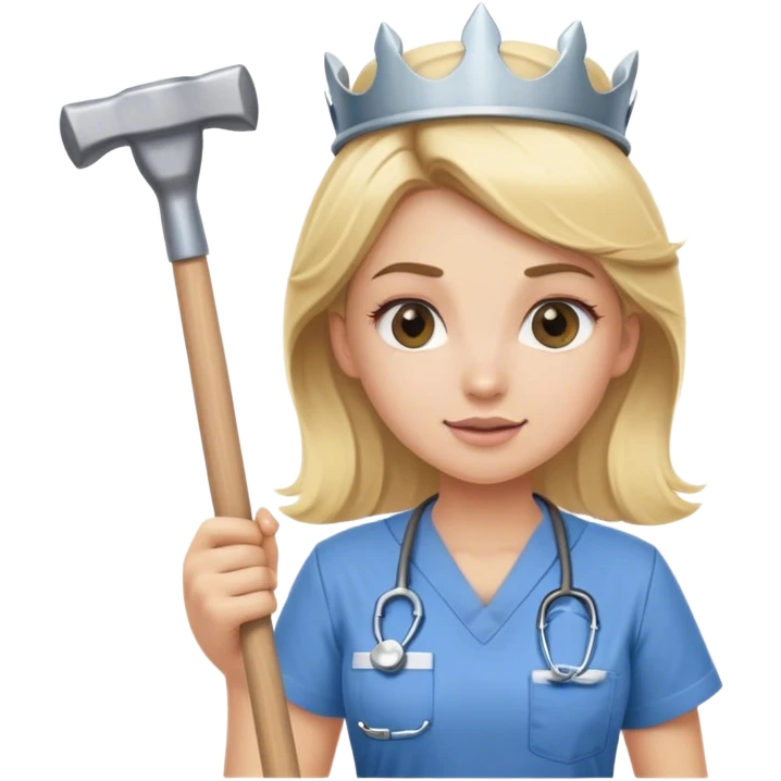 blond nurse girl wearing scrubs with a crown and a sledge hammer emoji