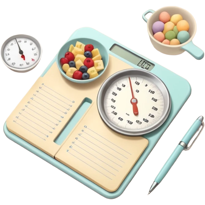 Minimalistic scene of a kitchen scale, notebook, pen, and neatly arranged food portions, soft pastel colors, cozy atmosphere, calm and meticulous mood, top-down view, subtle shadows, digital art emoji