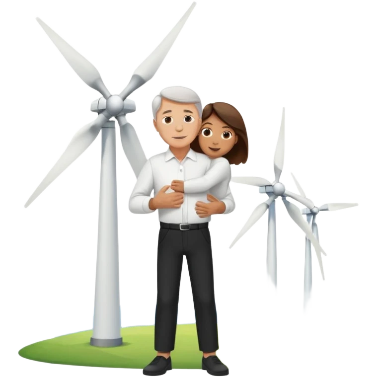 an older white man with brown hair and a white shirt and black pants hugging a wind turbine emoji
