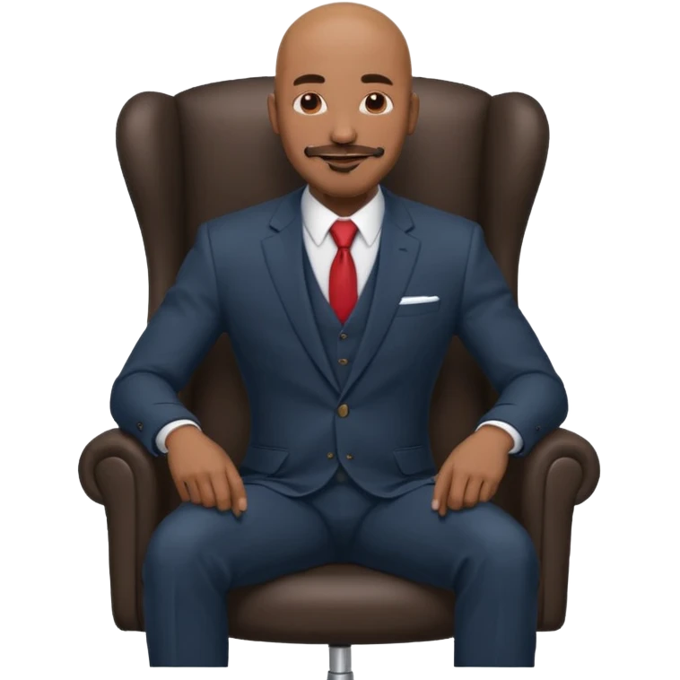Black man, bald, in a suit, sitting on a chair in the office, goatee mustache emoji